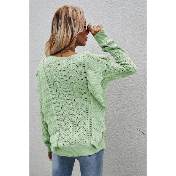 Openwork Round Neck Ruffled Sweater - Picture 13 of 16